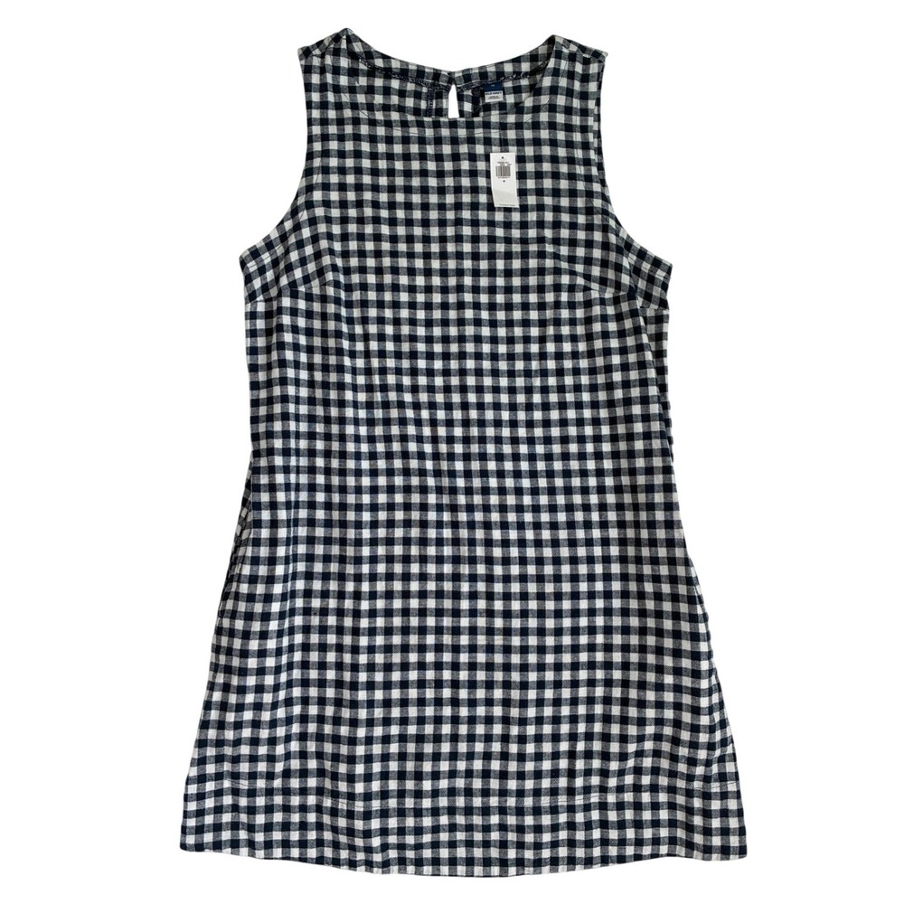 Old Navy Womens Navy Blue Gingham Linen Blend Sleeveless Mini Shift Dress M NWT - Picture 3 of 11
